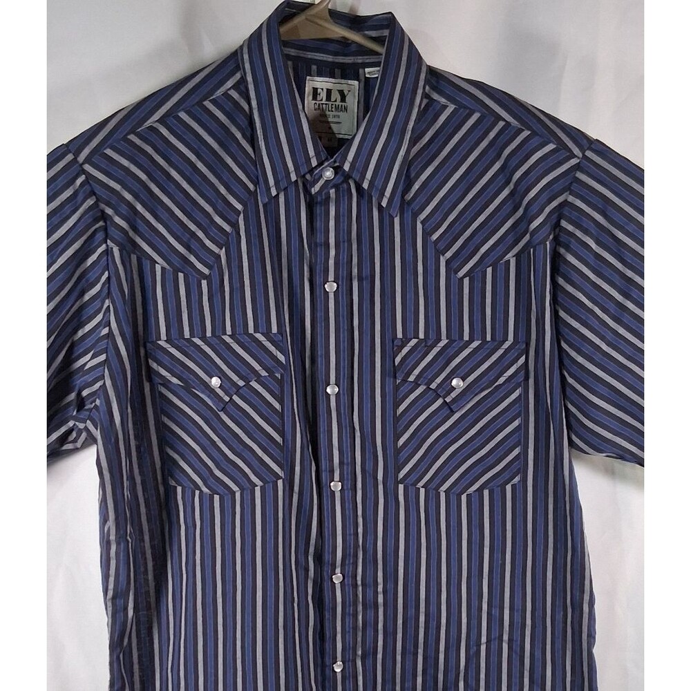 Ely Cattleman Pearl Snap Shirt Medium Short Sleeve Striped Blue Western Cowboy